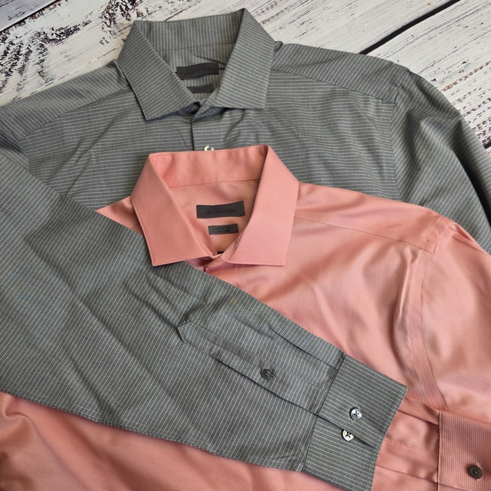 Calvin Klein 2 Pack Men's Slim Fit Non Iron Long Sleeve Dress Shirts 16.5 32-33